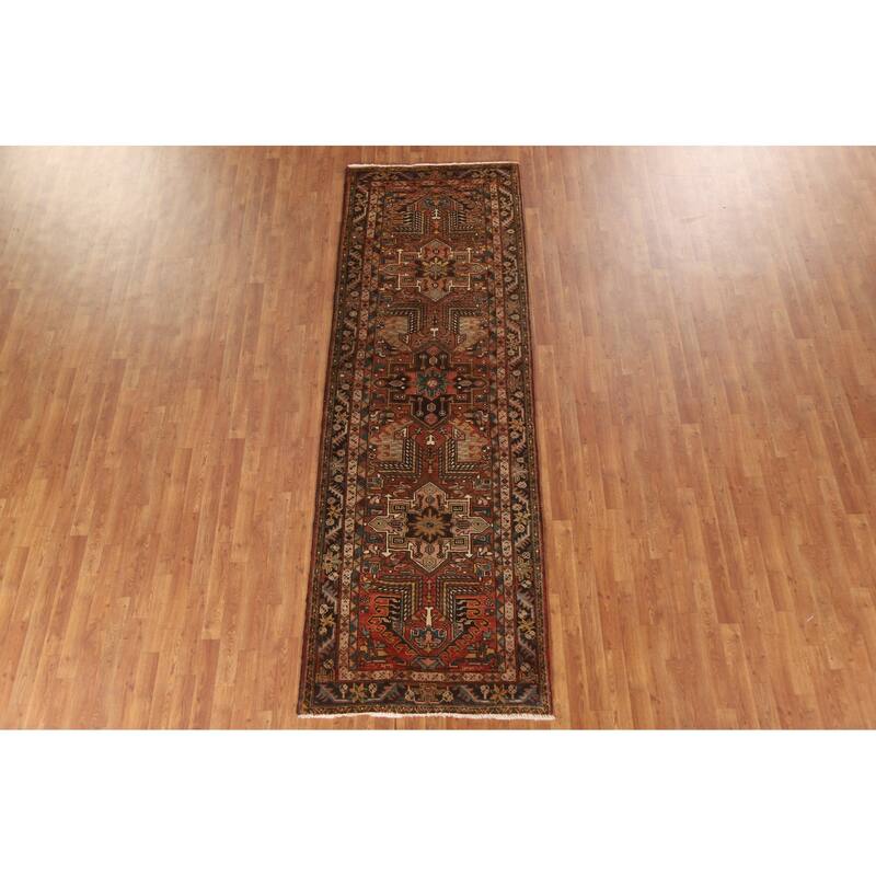 Geometric Handmade Heriz Persian Vintage Runner Rug - 3'5"x 10'7"