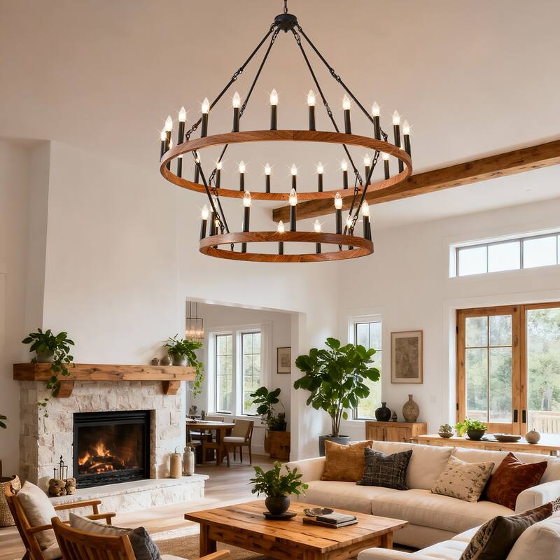 47.24 Inch Large Wagon Wheel Chandelier,2Tier 36-Lights Farmhouse Industrial Country Style Fixture E12