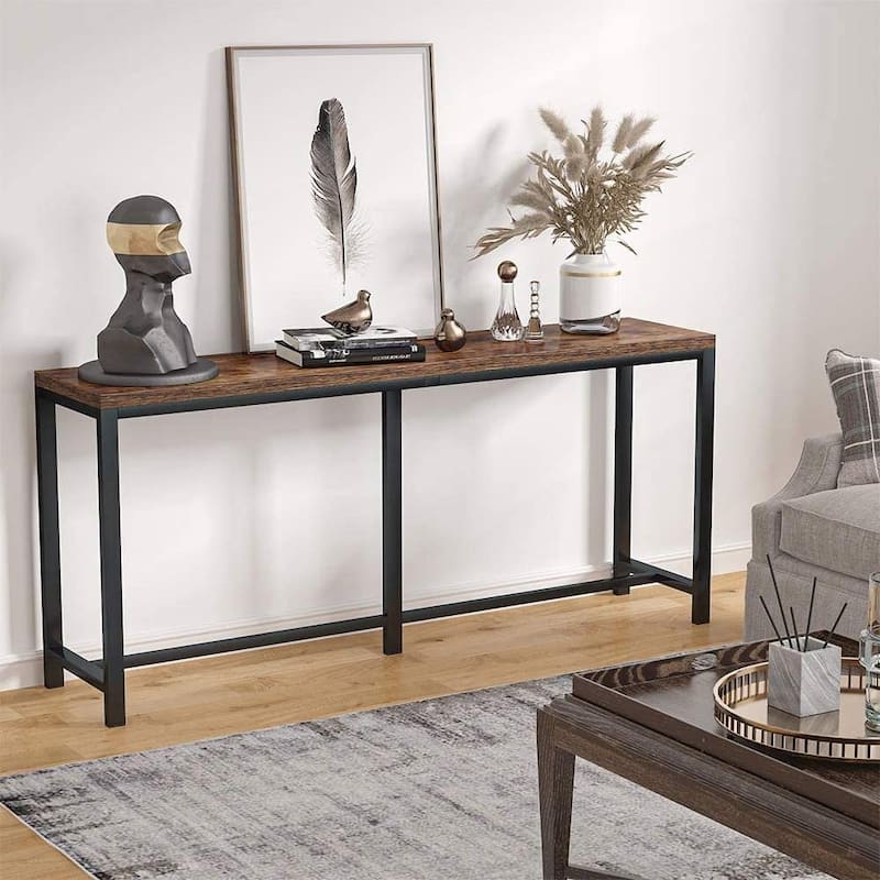 Rustic Brown Black Particle Board Console Sofa Table with Metal Frame 70 Inch - 70.86" L x 11.81" W x 31.49" H