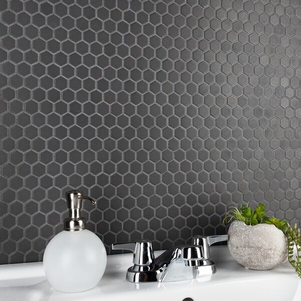 SomerTile Gotham 1" Hex Black 10-1/4" x 11-3/4" x 5 mm Porcelain Unglazed Mosaic Tile. Opens flyout.