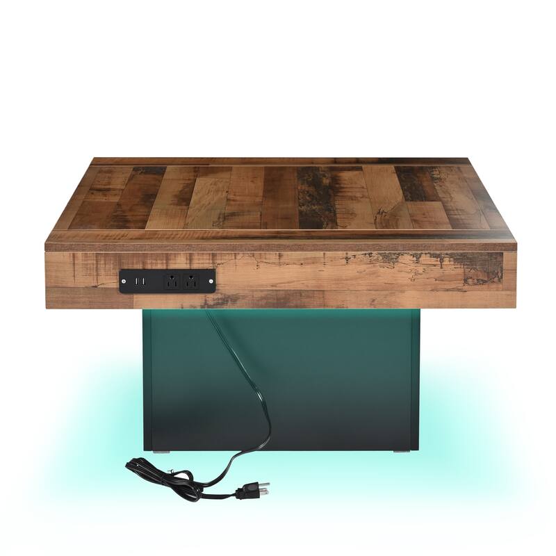 Farmhouse Coffee Table with 2 USB Ports and Outlets, Brown Spliced Wood Grain Center Table with LED Light