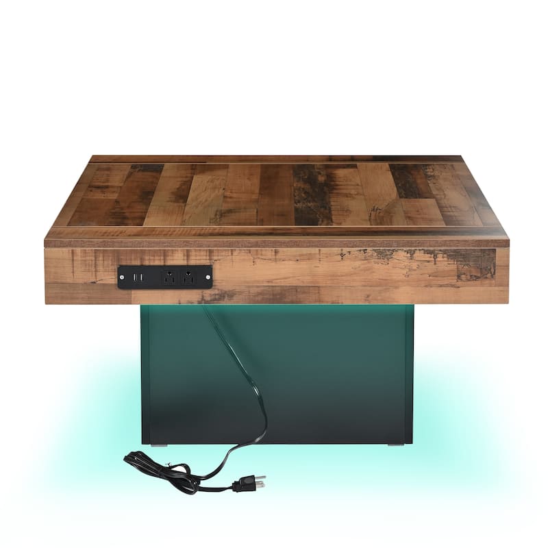Roomfitters Square Farmhouse Coffee Table with Built-in Charging Station, Wood Grain Center Table with USB and Outlets