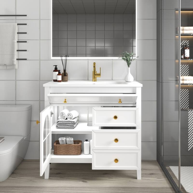 Freestanding 36" Bathroom Vanity Sink Cabinet with Motion-sensor Light Strip, Patterned Glass & Drawers - White - 36 Inch
