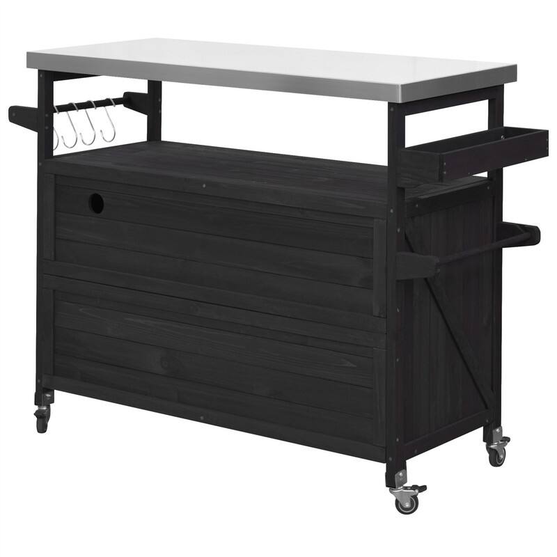Outdoor Kitchen Island, Rolling Bar Cart & Storage Cabinet, Farmhouse Outdoor Grill Table with Stainless Steel Top & Towel Rack