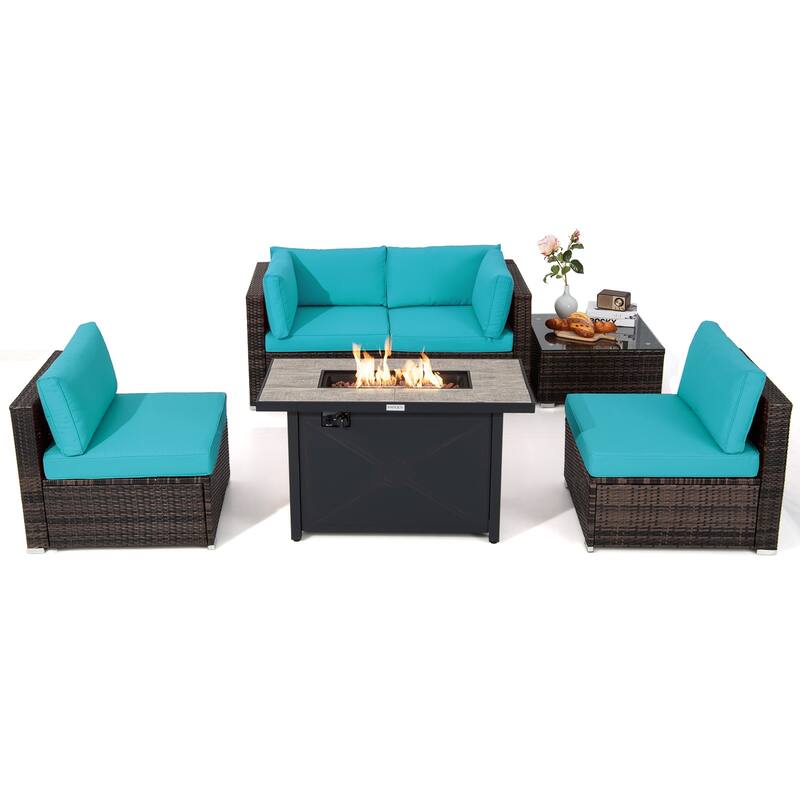 Costway 6PCS Patio Furniture Set Rattan Cushioned Sofa Gas Fire Pit - See Details