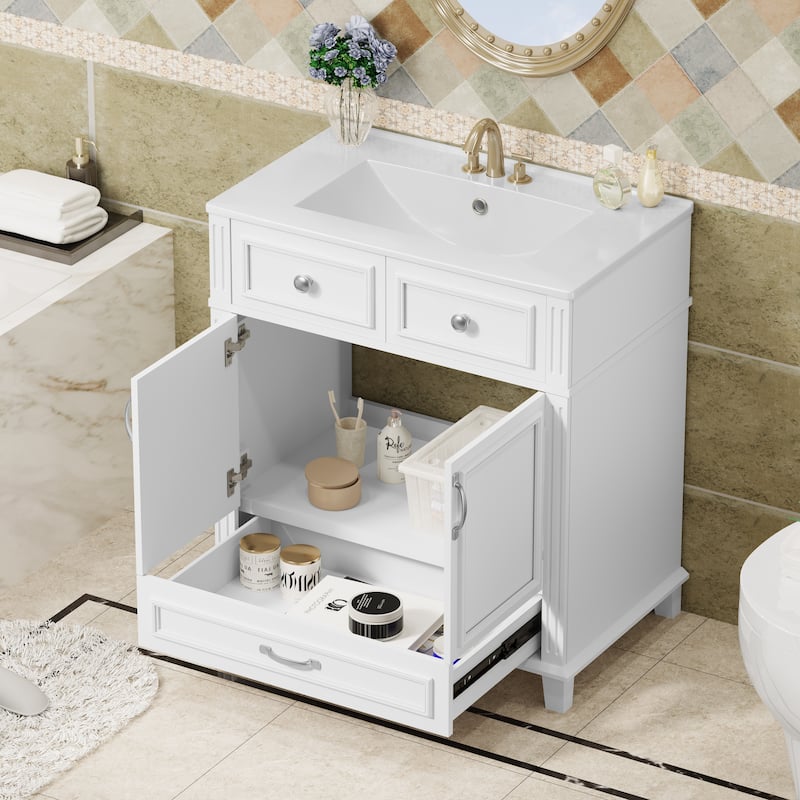 30''Bathroom Vanity With Ceramic Sink,Solid Wood Frame Bathroom Storage Cabinet With Soft Closing Doors,Retro Style