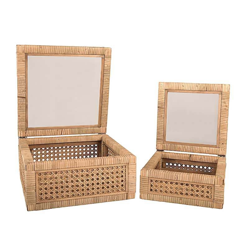 Woven Wood and Rattan Display Boxes with Glass Lids