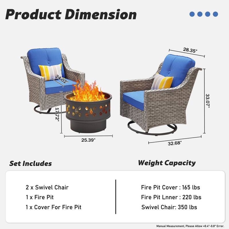 OVIOS 3 Pieces Outdoor Wicker Curved Swivel Chair Set With Fire Table