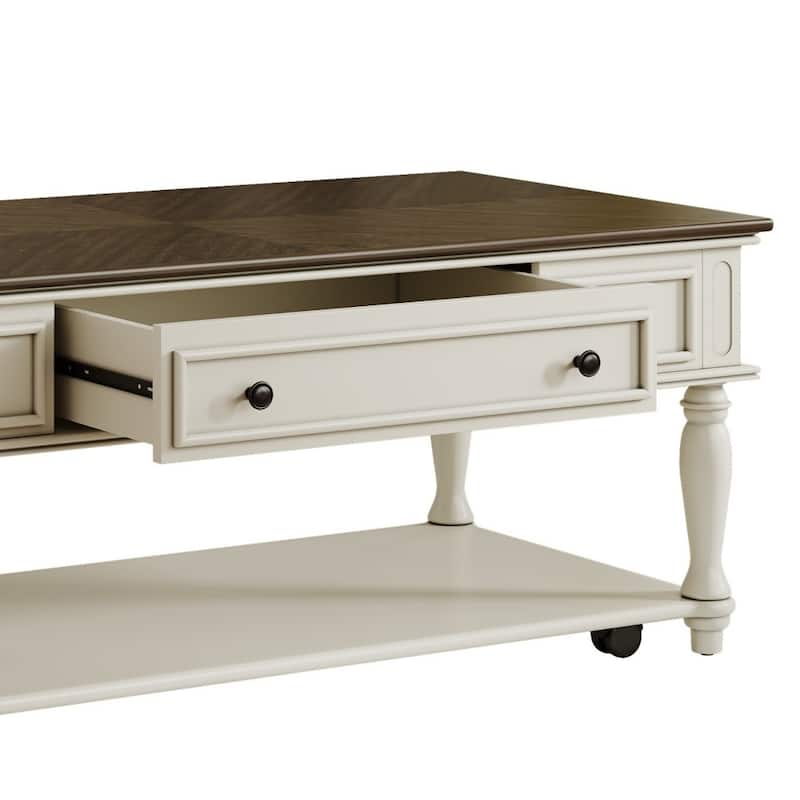 Farmhouse Coffee Table with One Drawer,Solid Wood Legs and Lockable Wheels