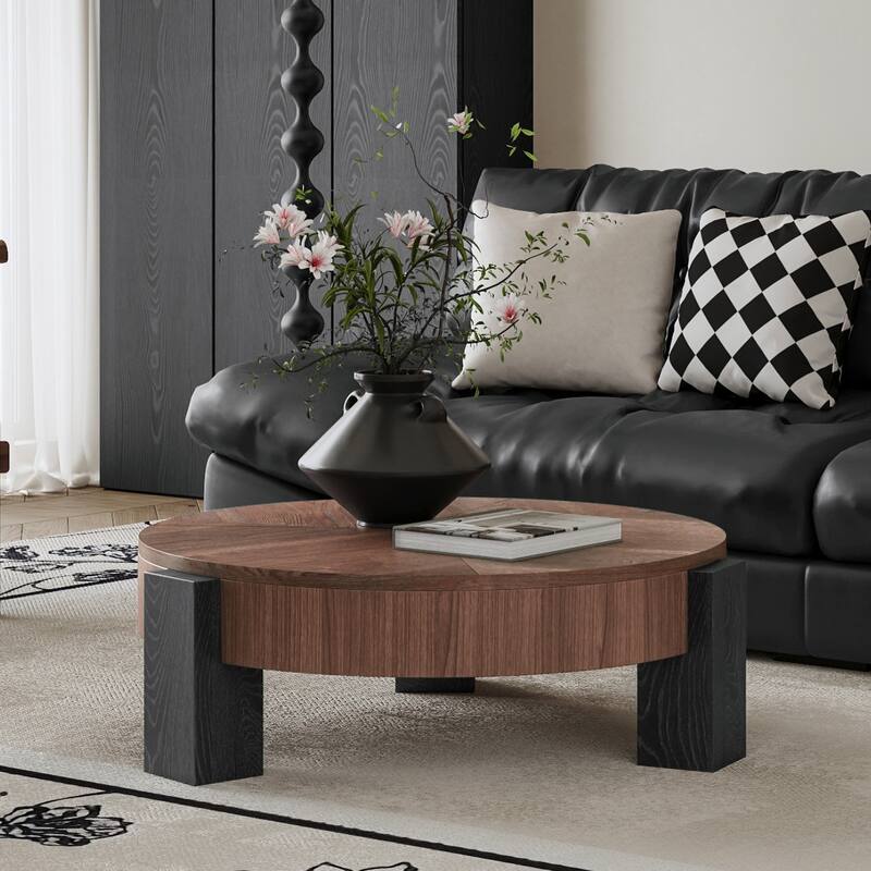 33" Round Coffee Table with Hidden Storage, Parquet Veneer Top Table, 3 Block Legs Sturdy Center Accent Table for Living Room