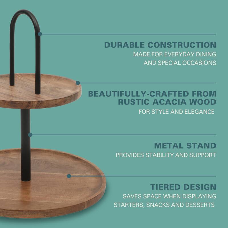 Gibson Home Gracious Dining 2-Tier Round Acacia Wood Serving Tray - 12" x 12" x 13.5"