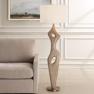 Abstract Carved Rubber Wood Floor Lamp with Oval Shade - 65.5" - Brown