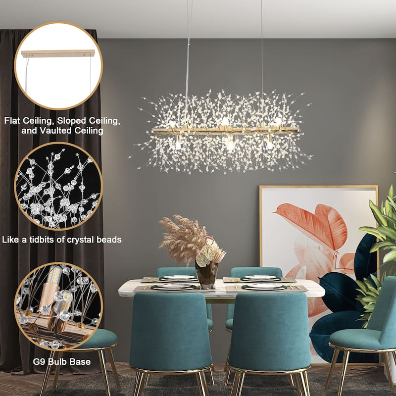 9-Light Hanging Empire Linear Chandelier Lighting Blowball Crystal Island Chandelier for Kitchen Island