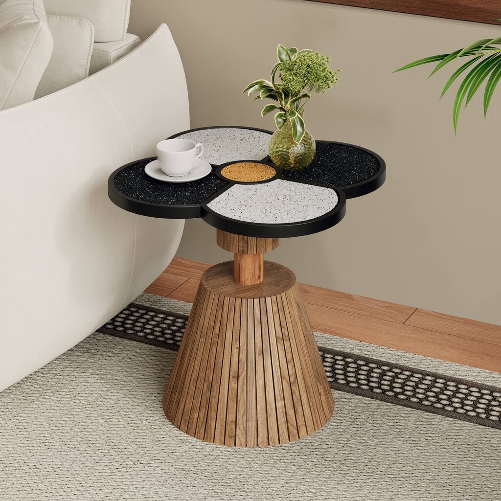 Four-Leaf Clover Side Table with Wood-Grain Base, Accent Table for Living Room & Bedroom