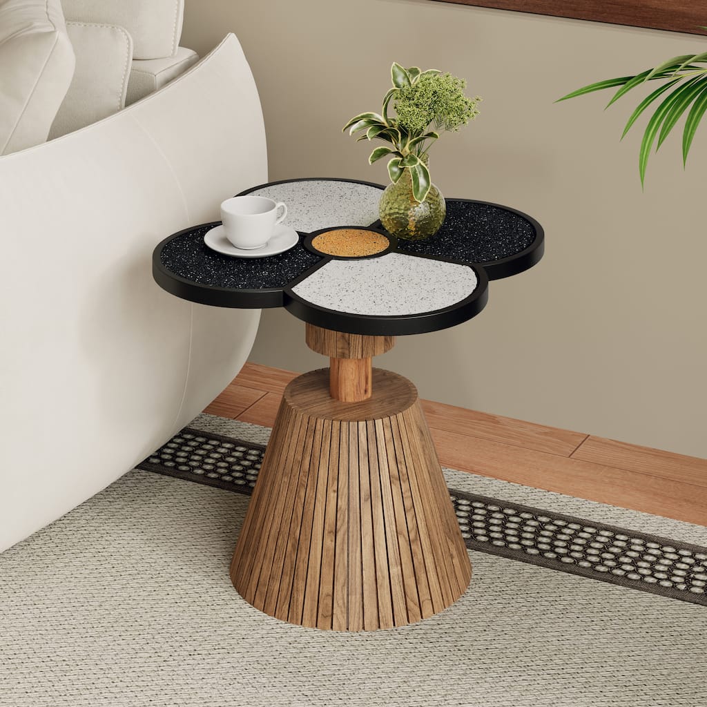 Unique Four-Leaf Clover Side Table for Living Room, Bedroom - Decorative Accent Table with Wood-Grain Base