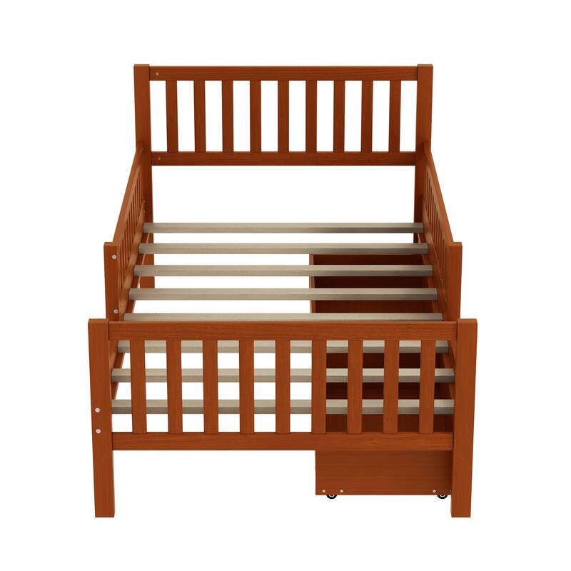 Twin Size Wood Platform Bed with Guardrails on Both Sides and Two Storage Drawers, Walnut