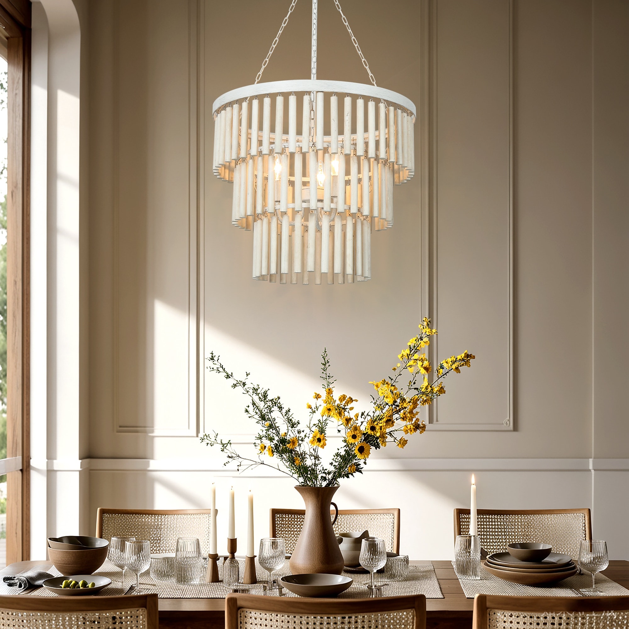 Farmhouse 3-Light White Wood Chandelier 3-Tiers Empire Pendant Lights - 18.5 "