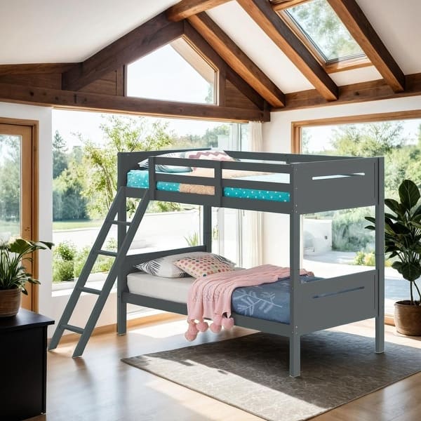 slide 2 of 6, Modern Rubberwood Twin-over-Twin Bunk Bed with Angled Ladder, Guardrails, and Convertible Design, Grey Grey
