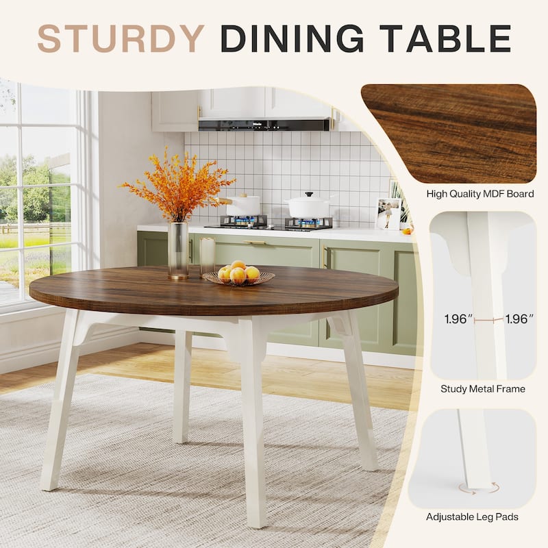 47 Inch Round Dining Table for 4, Farmhouse Kitchen Table - Brown and White
