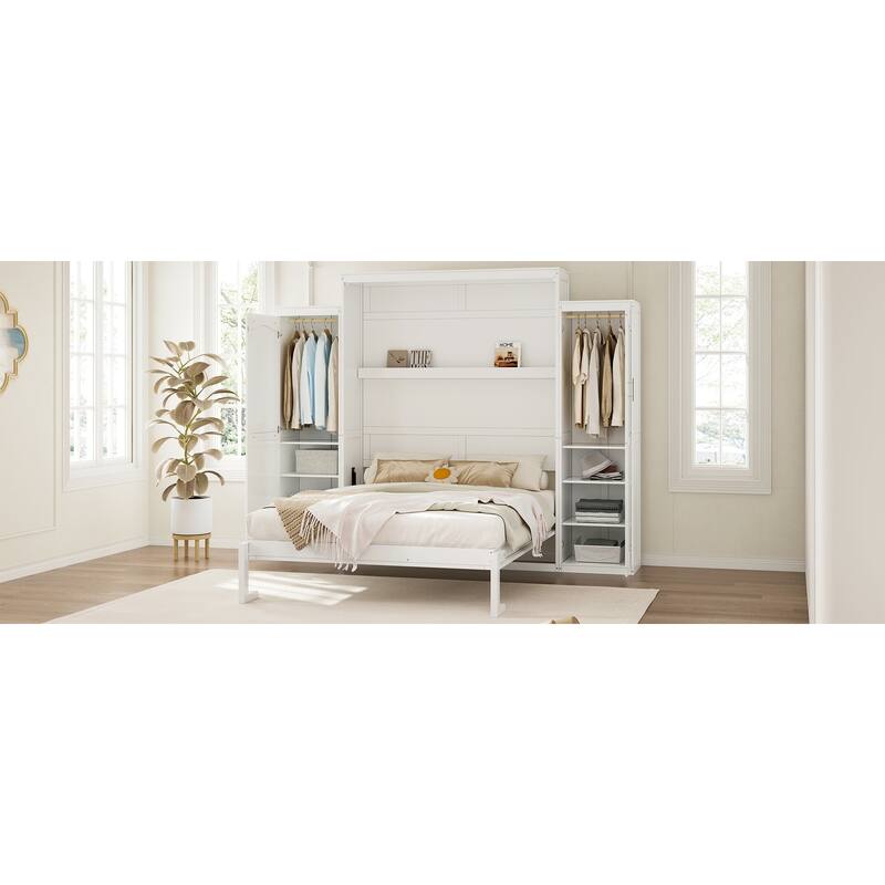 Queen Size Murphy Bed with Two Wardrobe and Storage Shelf