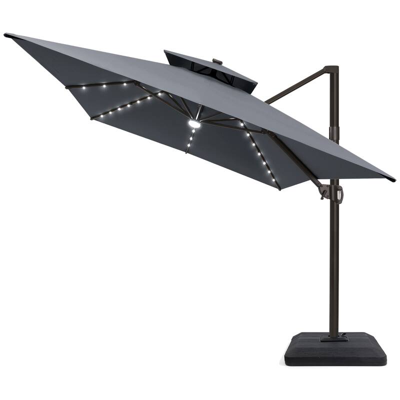 10 X 13 FT Outdoor Patio Cantilever Umbrella with Solar Lights 4-Piece Premium Base Double Canopy 360 Rotation Tilt