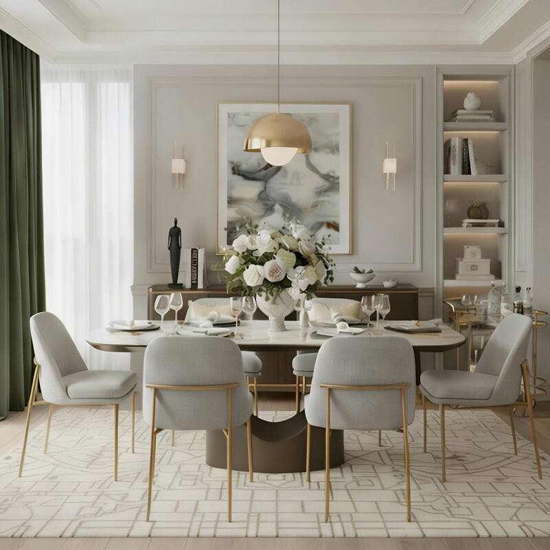 Spruce & Spring Modern Ceramic Top Dining Table with Sculptural Metal Base