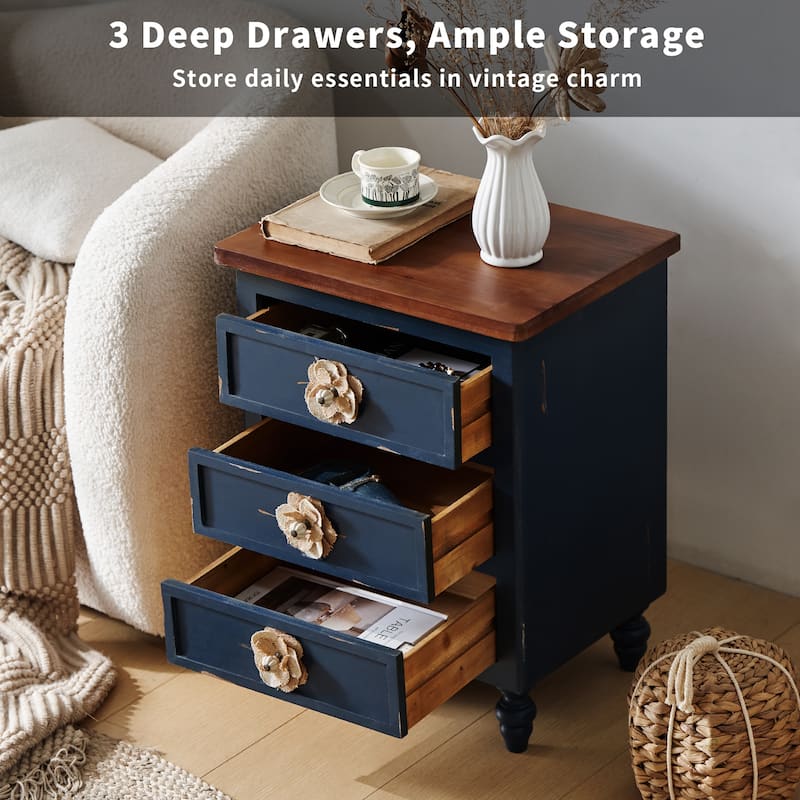 Vintage Farmhouse End Table with Floral Knobs -19"Rustic Nightstand with 3 Drawers Gourd Legs,Bedside or Sofa Accent Table