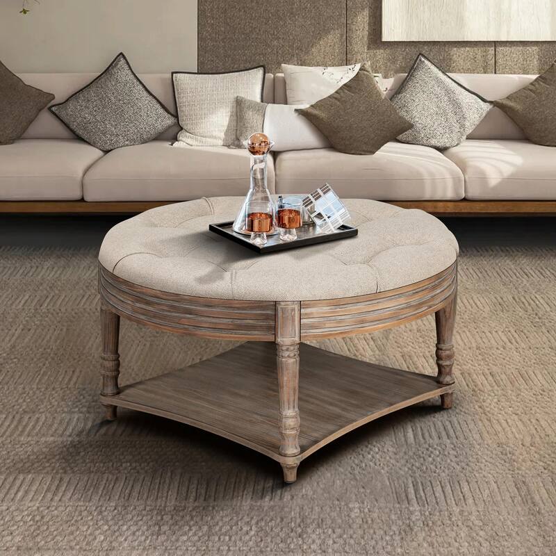 Large Round Ottoman Coffee Table - 2-Tier Button-Tufted with Wooden Shelf Storage - Light Gray - Wood