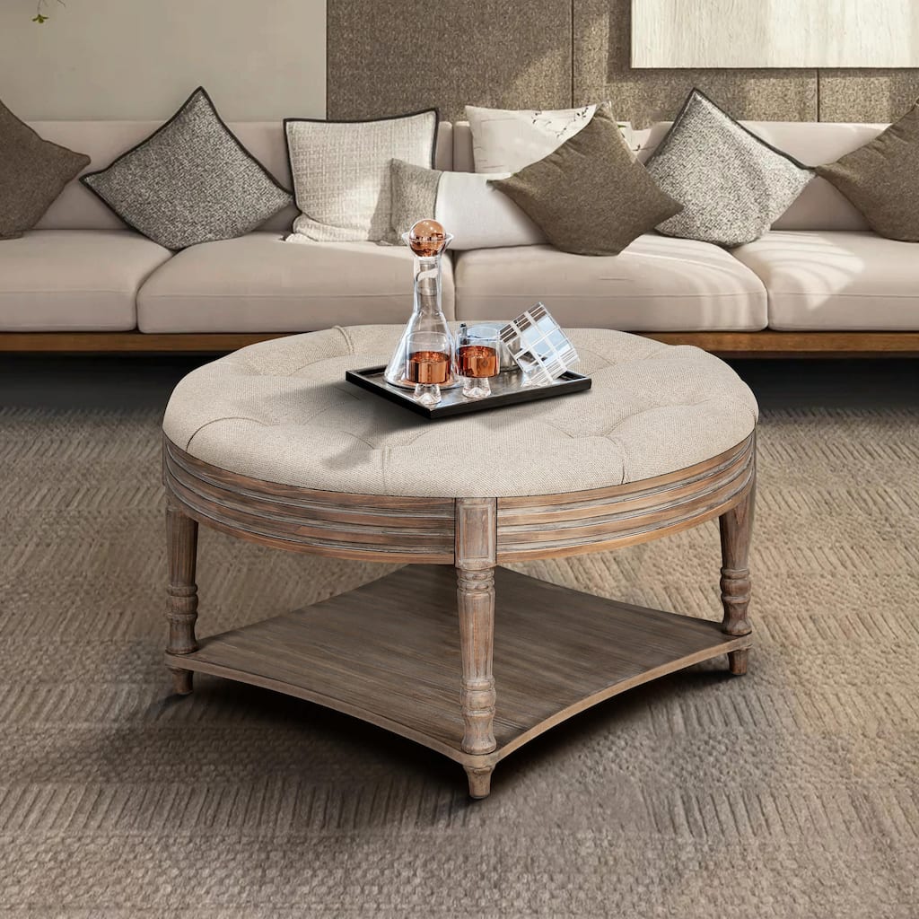 Large Round Ottoman Coffee Table - 2-Tier Button-Tufted with Wooden Shelf Storage
