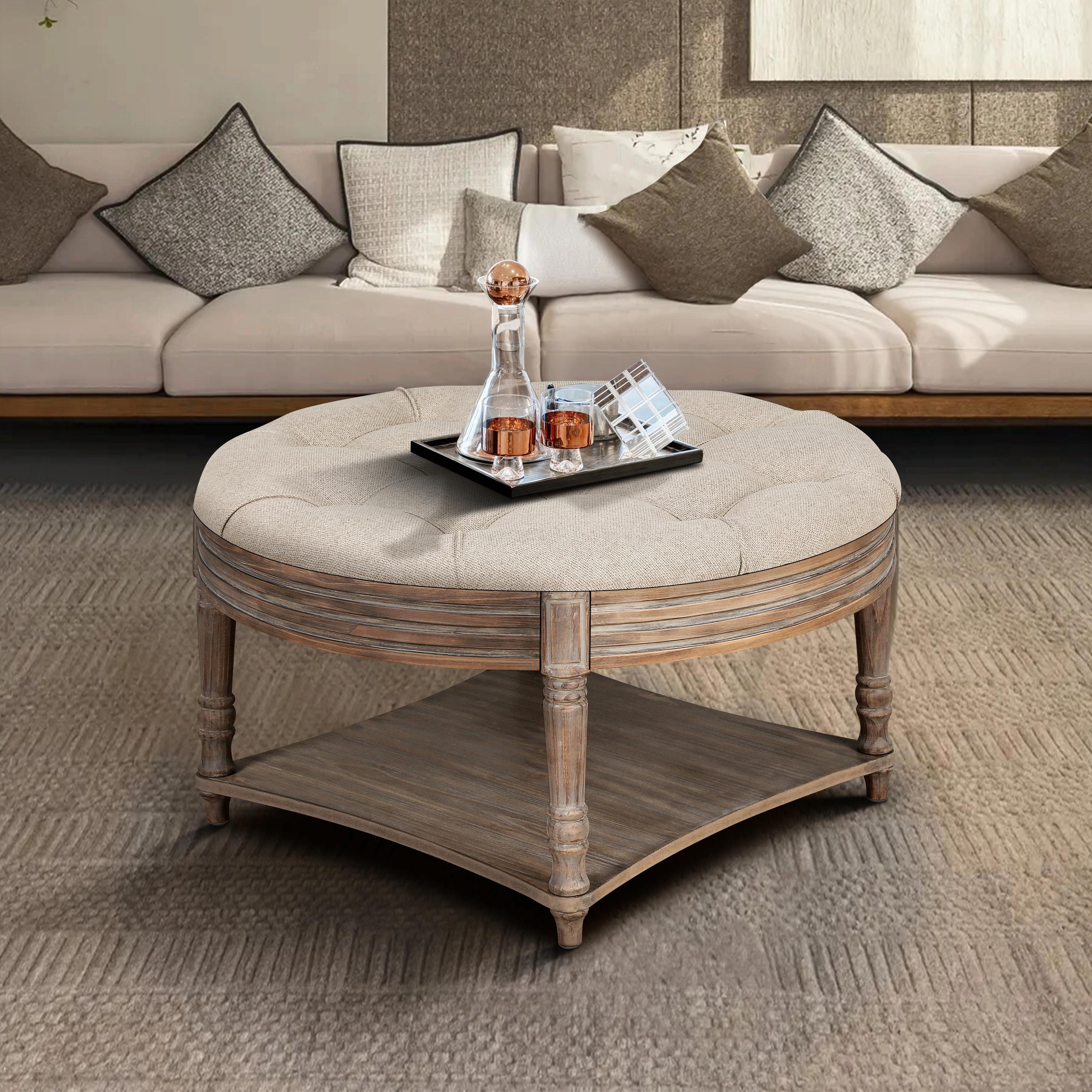 Large Round Ottoman Coffee Table - 2-Tier Button-Tufted with Wooden Shelf Storage
