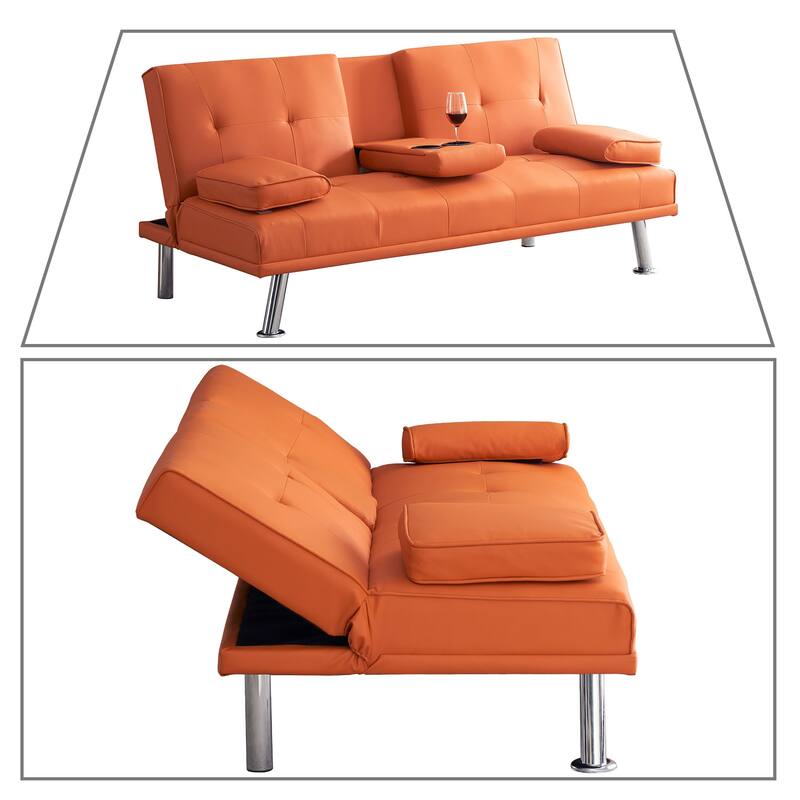 Classic PVC Leather Upholstered Convertible Futo Sofa Bed with Cup Holders