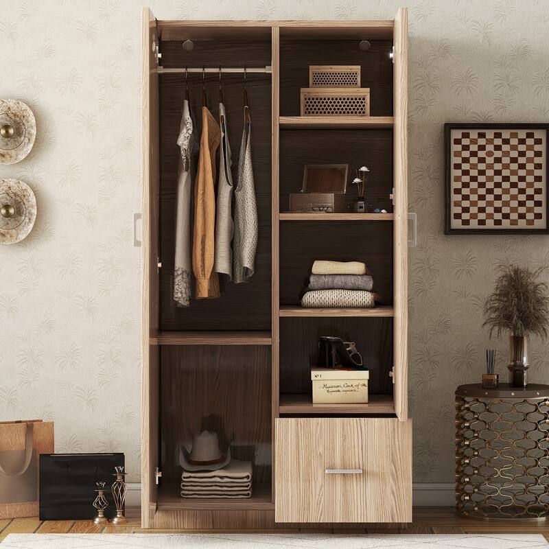 Wooden Floor Wardrobe with Double Doors, Modern Armoire with 5 Fixed Shelves, Storage Drawer Built-in Hanging Rod for Bedroom