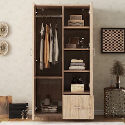 Wooden Floor Wardrobe with Double Doors, Modern Armoire with 5 Fixed Shelves, Storage Drawer Built-in Hanging Rod for Bedroom