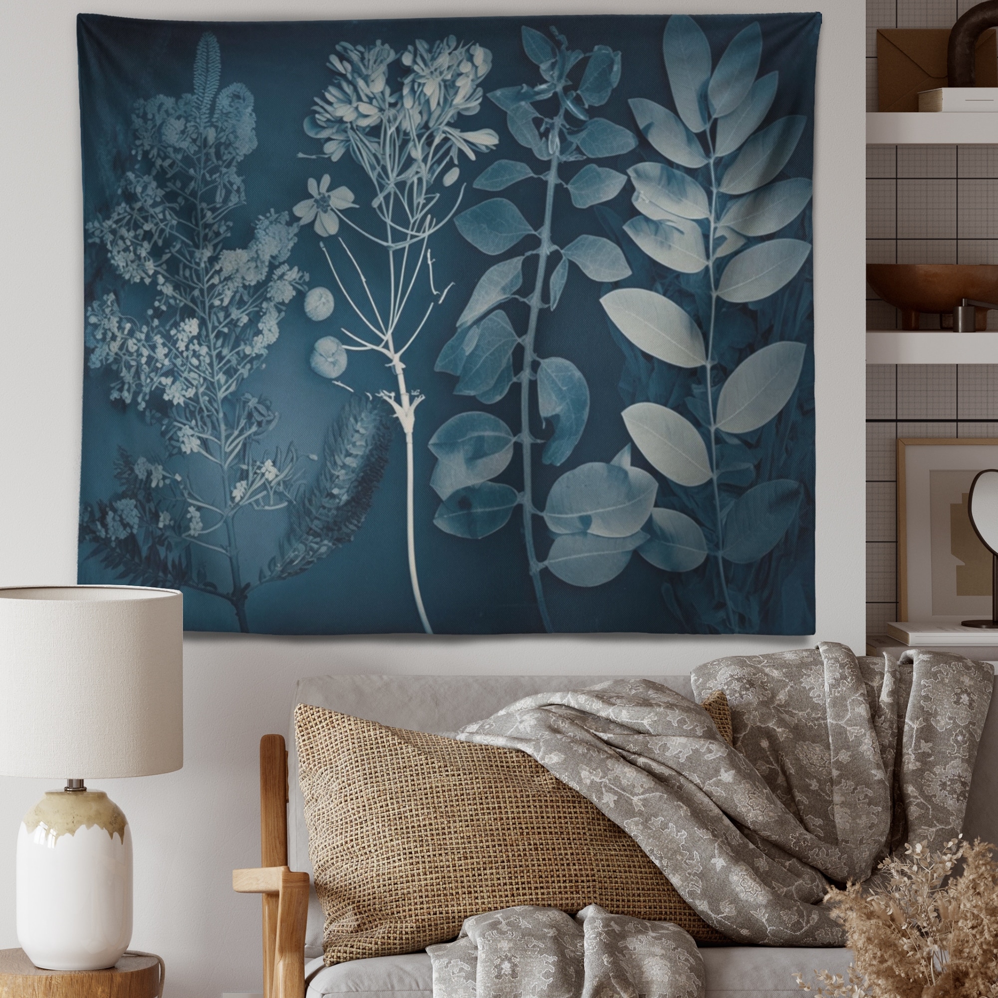 Designart 'Retro Wildflowers In Shades Of Blue I' Floral Wall Tapestry