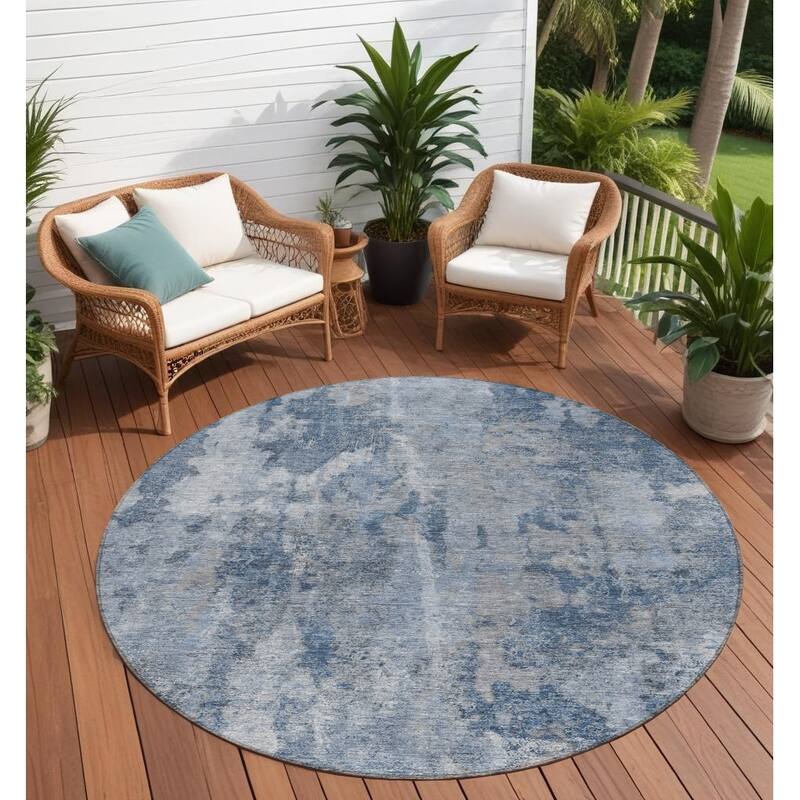 Dava Unique Abstract Weather Resistant Versatile Elegance Outdoor Rug - 8' Round - Blue