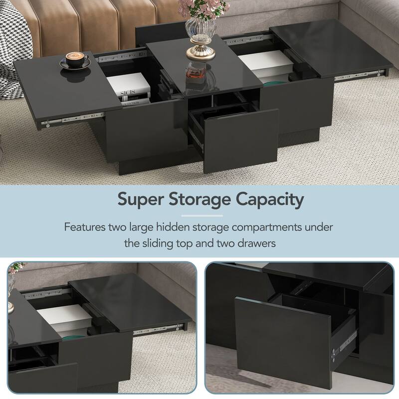 Extendable Coffee Table, Rectangle Center Table w/ 2 Drawers,High-Gloss Hidden Storage Wood Cocktail Table for Living Room