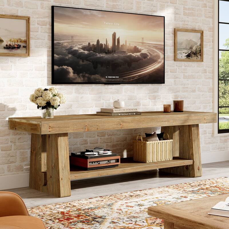 63" Solid Wood TV Stand with Open Storage Shelves, Entertainment Center Television Console for 75-Inch TVs Living Room Bedroom