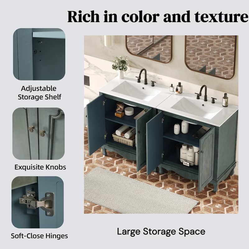 30-Inch Vintage Bathroom Vanity, Rectangle Ceramic Sink, 2 Doors, Solid Wood Legs and Adjustable Shelves