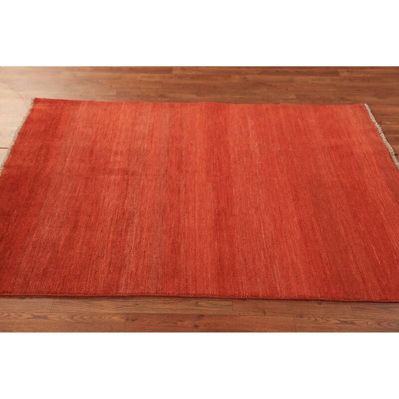 Gabbeh Rug Hand-Knotted Orange Solid Wool Carpet - 4'1" x 5'9"
