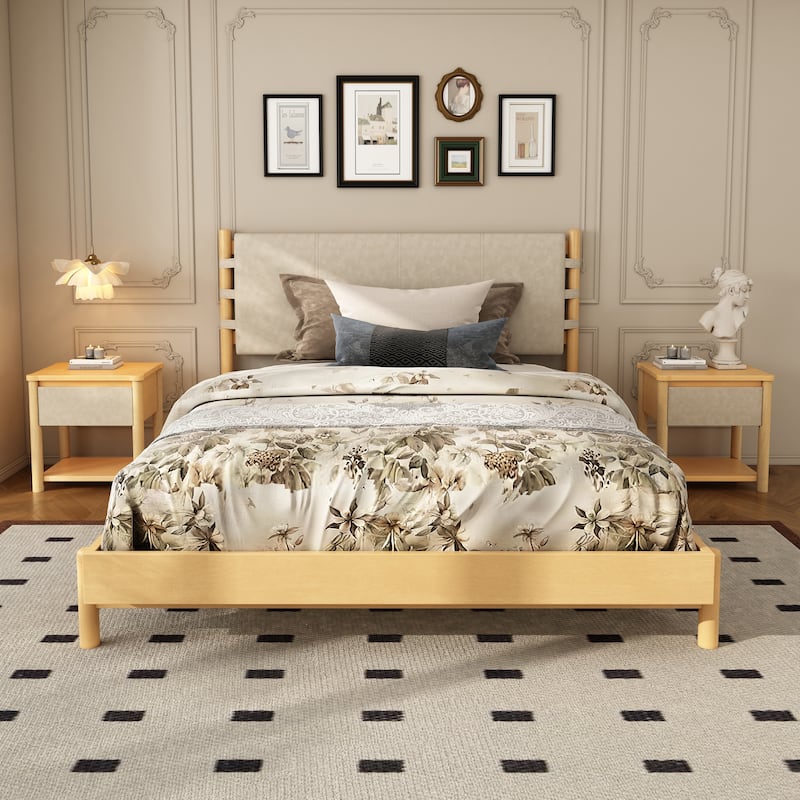 Modern Solid Wood Bed Frame Set with 2 Nightstands, Low Profile Platform Bed with Headboard and Matching Bedside Tables