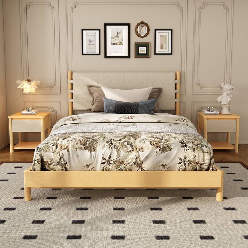 Roomfitters Platform Bed Set with 2 Nightstands, Modern Wood Frame and Matching Bedside Tables