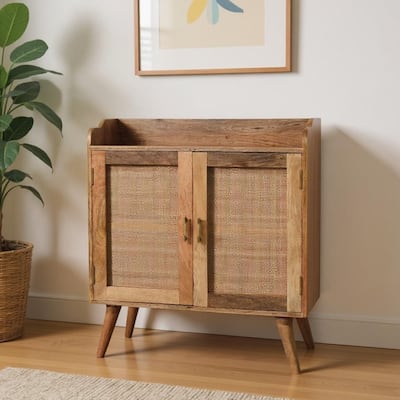HomeRoots 35" Brown Distressed Solid Wood Inlaid Rattan Accent Cabinet With Two Doors