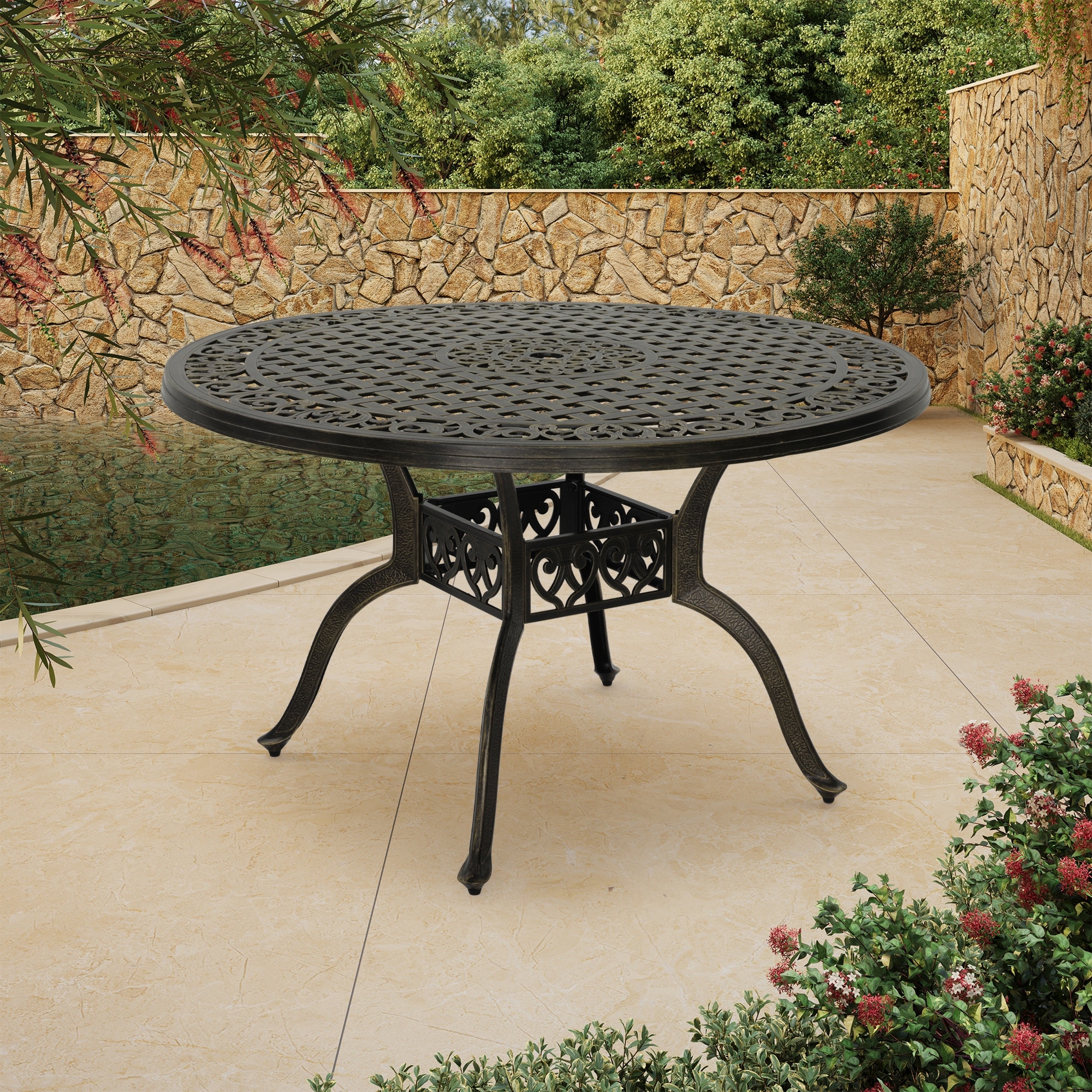 Clihome 47" Cast Aluminum Patio Round Dining Table in Bronze