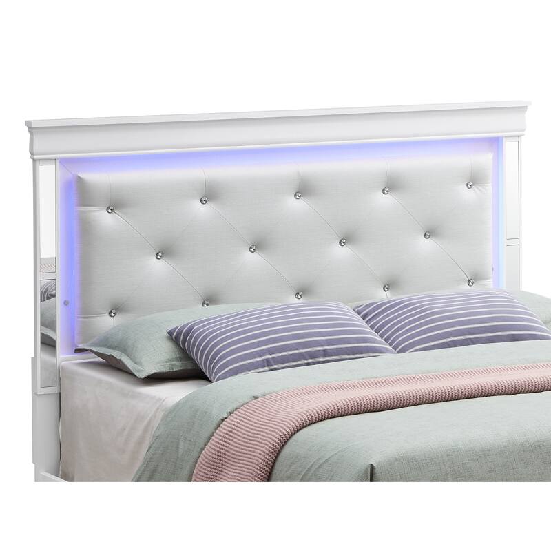 Queen Size Bed with LED Headboard & Jeweled Tufted Leather, Silver Champagne Finish, Wood Veneer Construction
