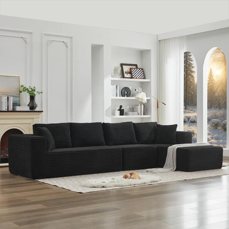106" Corduroy Upholstery L-Shaped Cloud Modular Sectional Sofa with Chaise and Pillows, All-Foam Compression Design