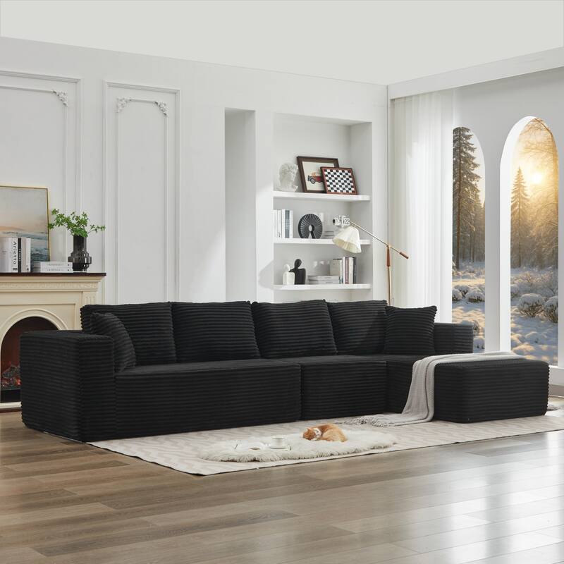 Modular Sectional Sofa with L-Shape Chaise, Oversized Corduroy Upholstered Cloud Sofa, Deep Seat Sofa with 2 Throw Pillows