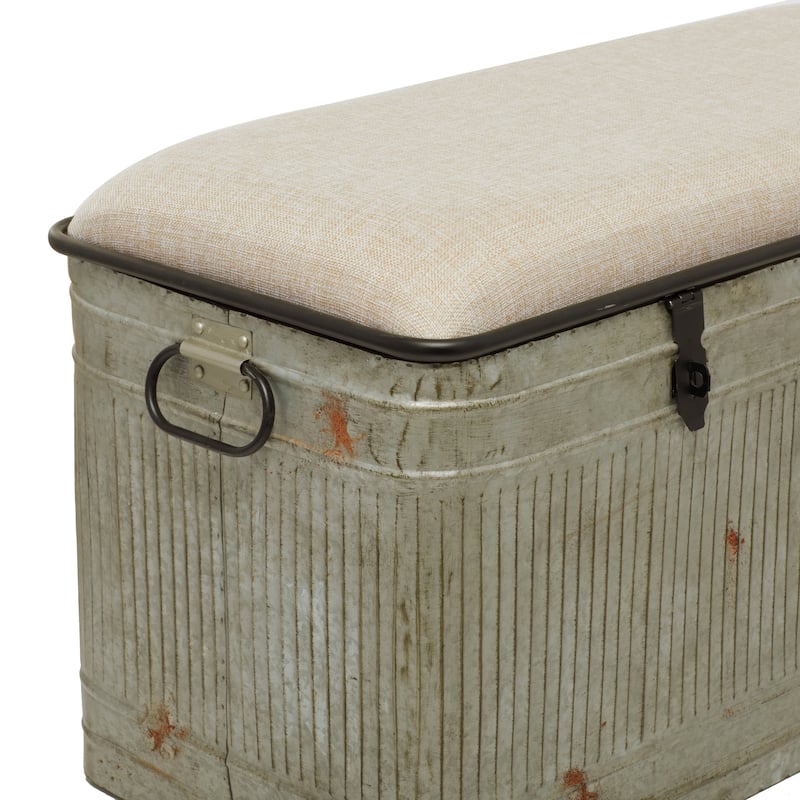 Gray Metal Galvanized Storage Bench with Cream Upholstered Burlap Top Seat - 2 Sizes