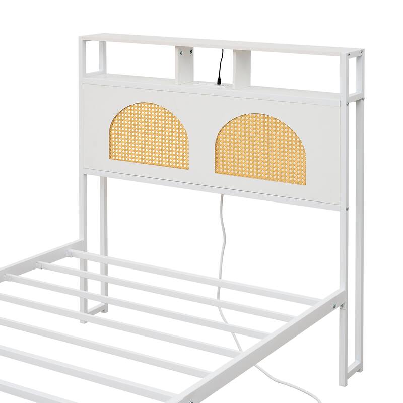 Twin Platform Bed Metal Bed Frame with Rattan Decorative Headboard/LED Light Strips&Charging Station/No Box Spring Needed/White