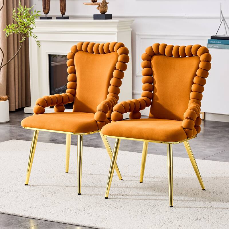 Set of 2, Velvet Dining Chairs with Metal Legs, Upholstered Accent Chairs with Armrests for Dining Room, Kitchen - Gold,Orange