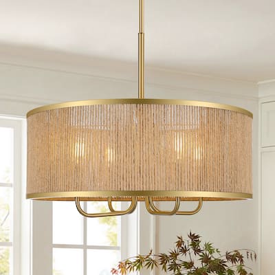 LamQee Large Farmhouse Rattan Chandelier Rope Pendant Light Fixture
